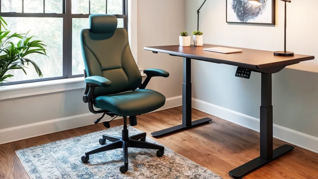 Cadeira de escritório ergonômica preta com encosto ajustável em uma sala moderna.