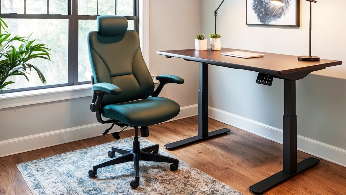 Cadeira de escritório ergonômica preta com encosto ajustável em uma sala moderna.