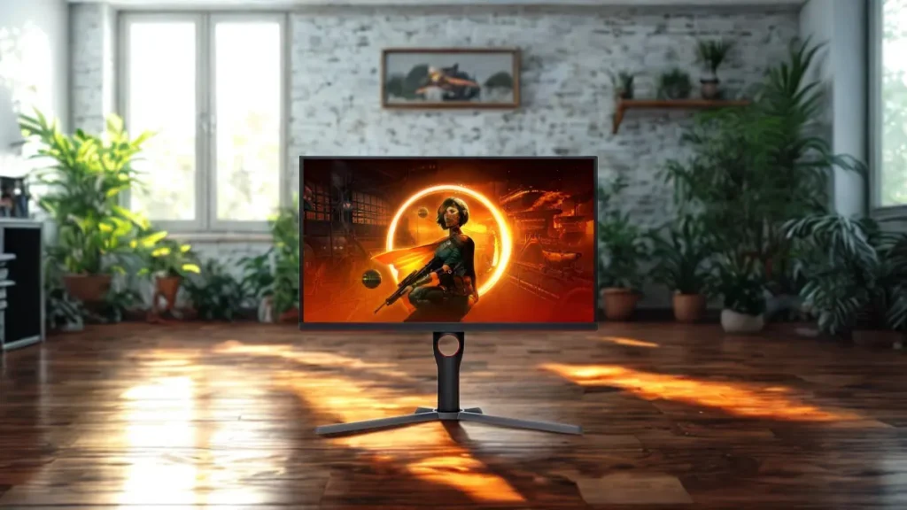 Monitor gamer posicionado no chão com tela grande, LEDs customizáveis e design moderno.