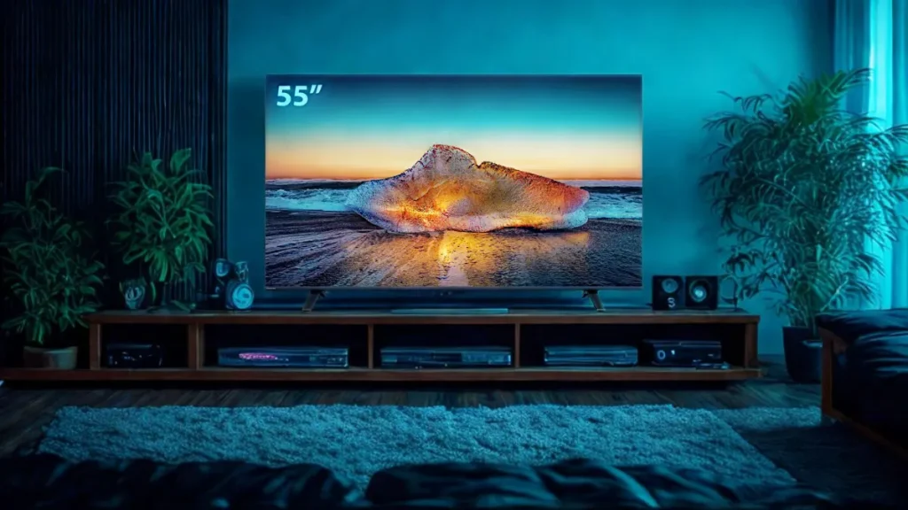 Smart TV de 55 polegadas em uma estante de madeira.