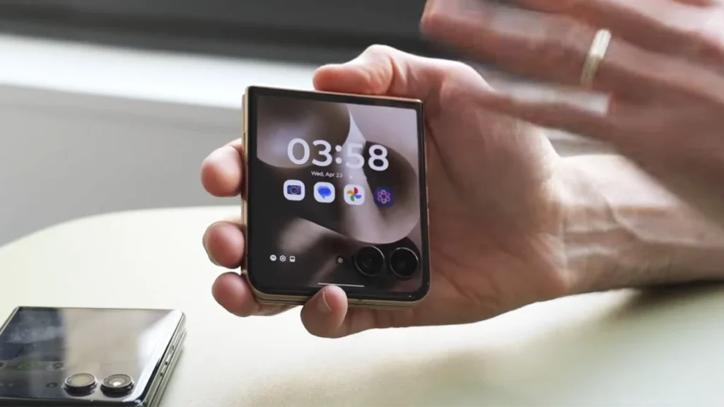 Smartphone Motorola Razr 60 aberto exibindo sua tela interna e design dobrável moderno.