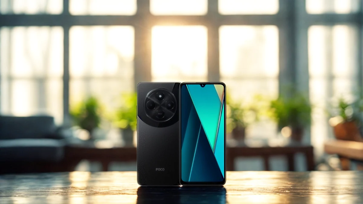 Smartphone Xiaomi Poco C75 4G exibido com design resistente e tela vibrante.