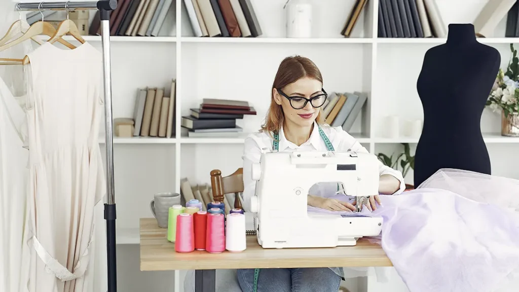 Mulher sentada em uma cadeira ergonômica de costura, costurando com concentração em sua máquina sendo destacada pelo conforto e postura adequada.