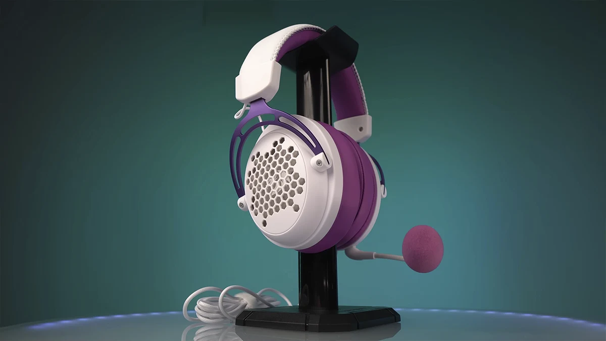 Headset gamer Redragon Diomedes H388 branco e roxo com iluminação RGB e microfone ajustável.