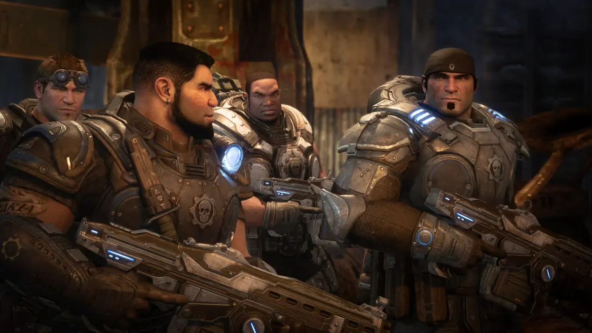 Gears of War Reloaded com Marcus Fenix em combate em setup de alta tecnologia