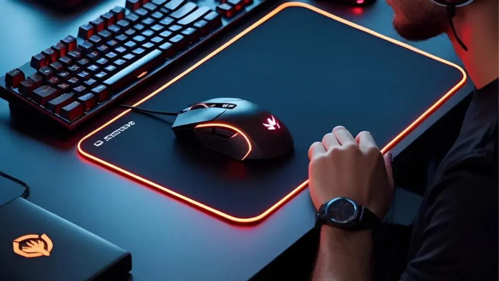 Jogador utilizando mouse pad gamer de alta precisão em setup com iluminação RGB