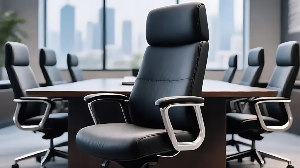 Cadeira ergonômica preta para sala de reunião, com encosto em malha respirável, assento acolchoado e base com rodízios.
