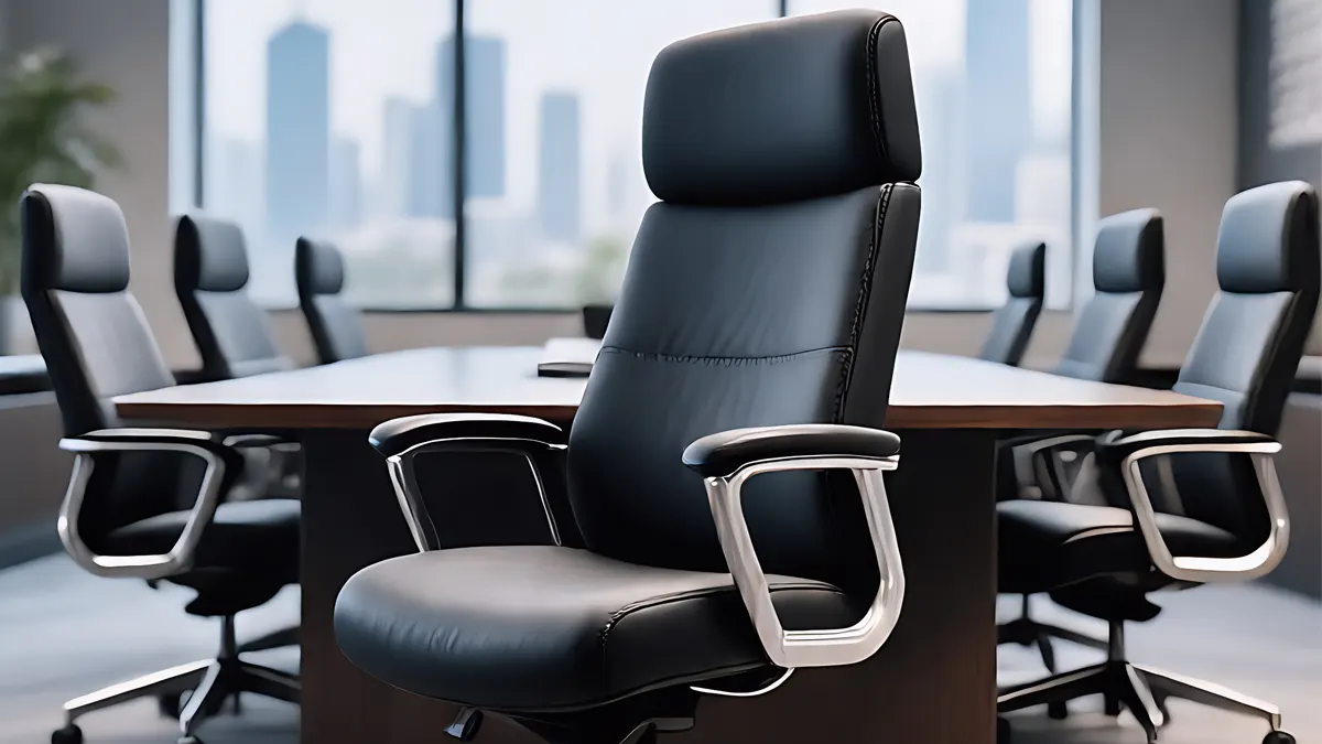 Cadeira ergonômica preta para sala de reunião, com encosto em malha respirável, assento acolchoado e base com rodízios.