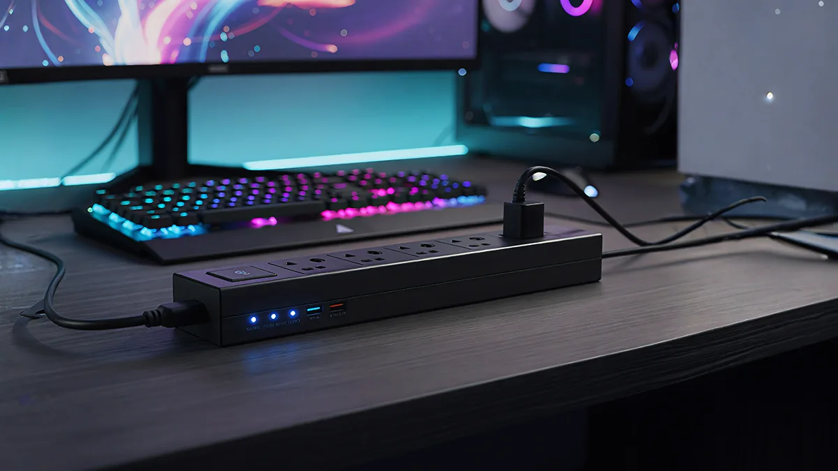Filtro de linha moderno sobre uma mesa gamer com teclado RGB e monitor iluminado ao fundo.