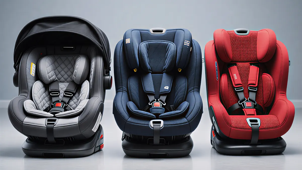 Três cadeiras para automóvel infantis modernas e seguras nas cores cinza, azul e vermelha.