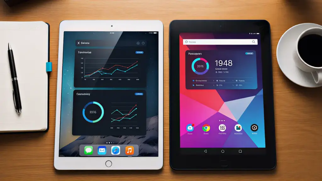 Tablet e iPad lado a lado sobre uma mesa de madeira com gráficos exibidos nas telas.