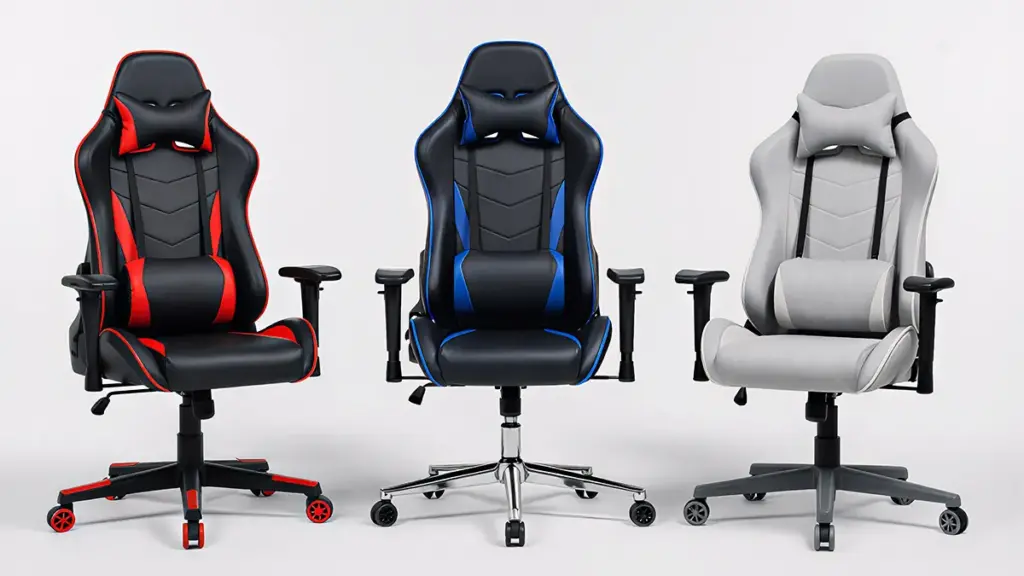 Três cadeiras gamer ergonômicas nas cores preta e vermelha, preta e azul, e cinza, alinhadas lado a lado.