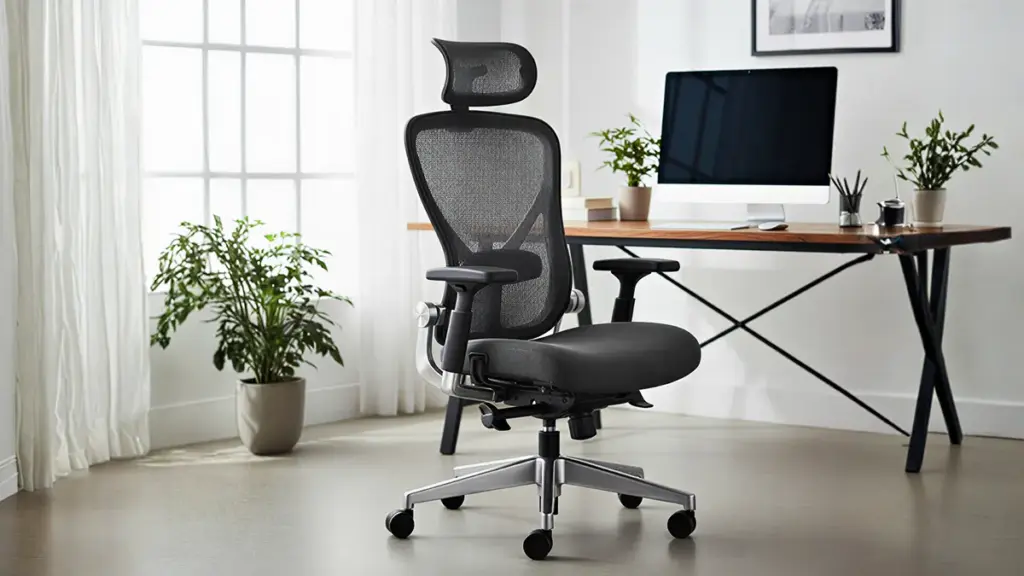 Cadeira ergonômica preta com encosto telado e apoio de cabeça em um escritório moderno.