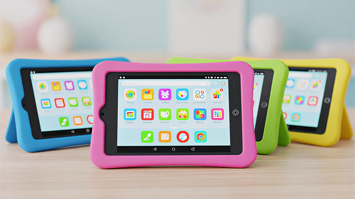 Tablets infantis coloridos com capas de proteção em rosa, azul, verde e amarelo sobre uma mesa.
