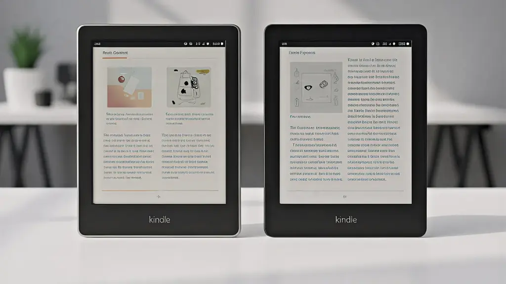 Dois modelos de Kindle lado a lado mostrando telas de leitura digital.