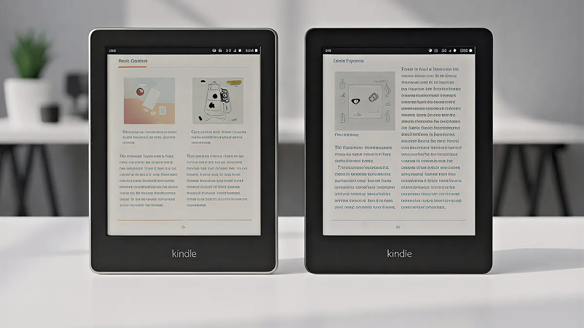 Dois modelos de Kindle lado a lado mostrando telas de leitura digital.