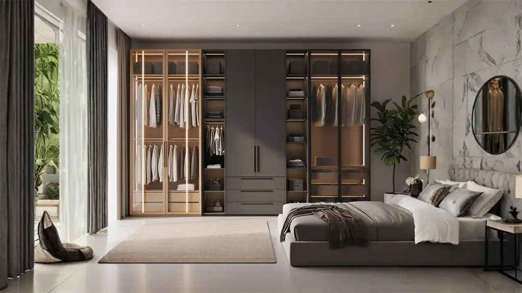 Guarda-roupa de casal moderno com portas de vidro iluminadas e acabamento em madeira e tom grafite em quarto sofisticado.