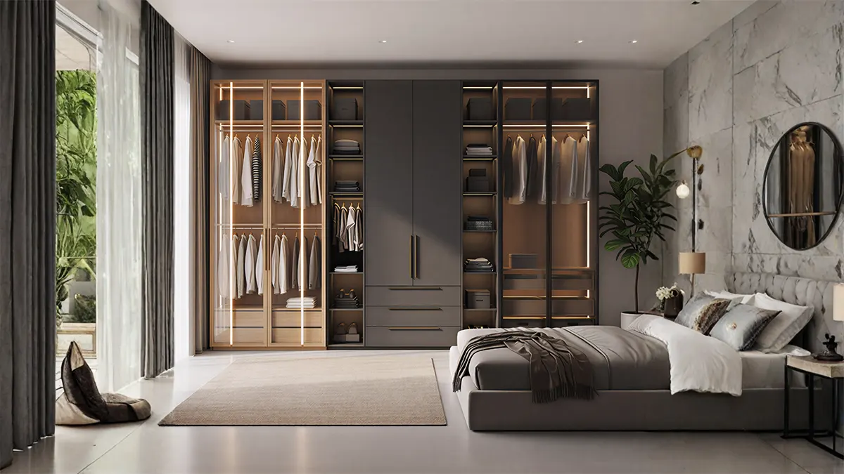 Guarda-roupa de casal moderno com portas de vidro iluminadas e acabamento em madeira e tom grafite em quarto sofisticado.