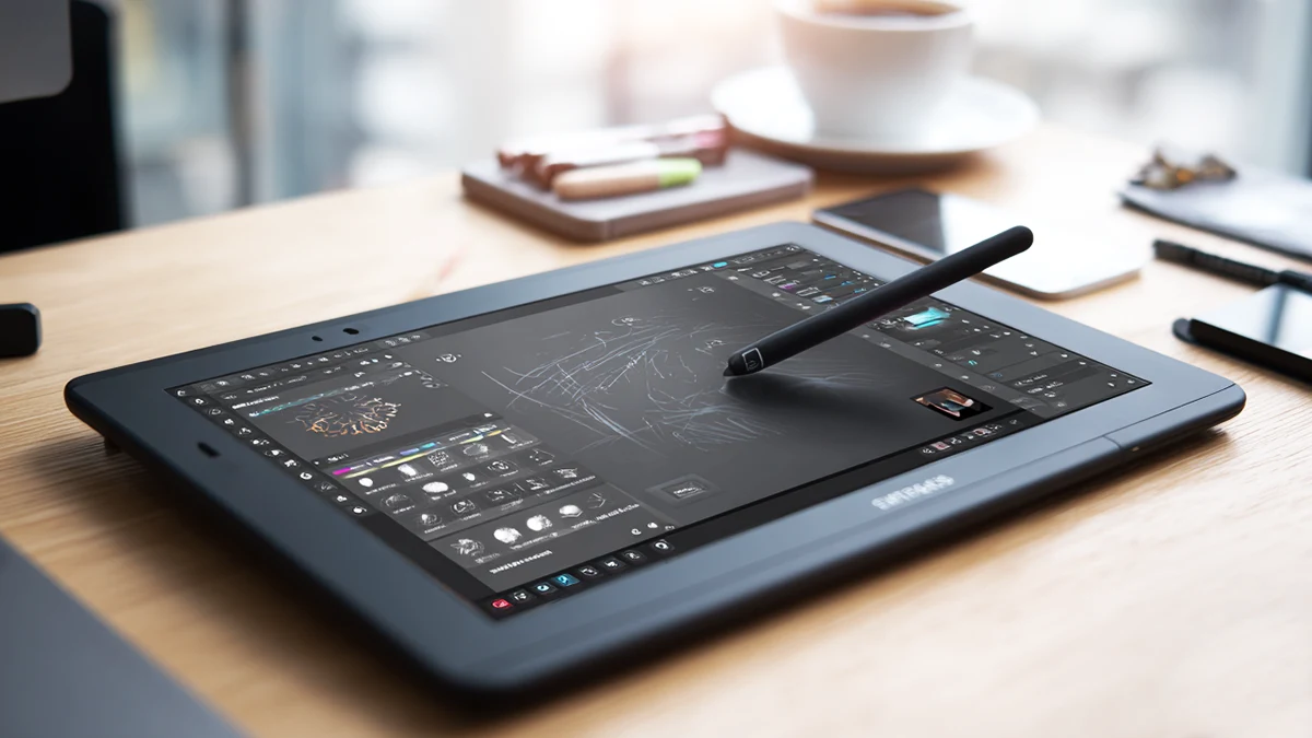 Mesa digitalizadora com caneta stylus sendo usada em software de desenho.