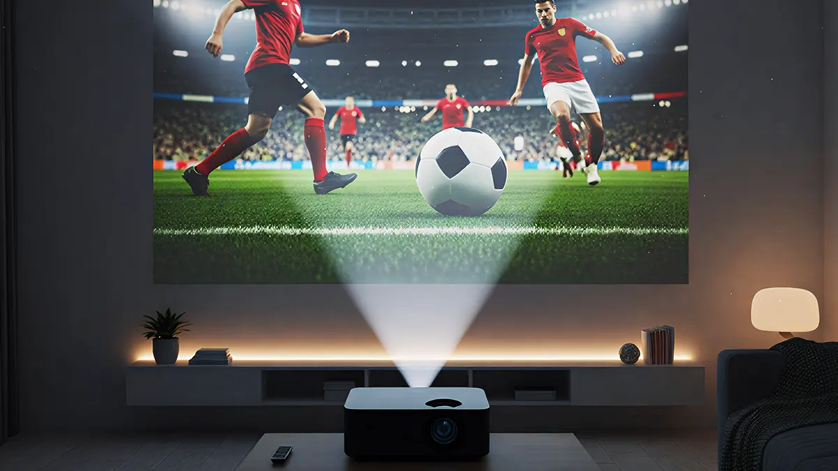 Projetor 4K exibindo jogo de futebol em parede de sala moderna.