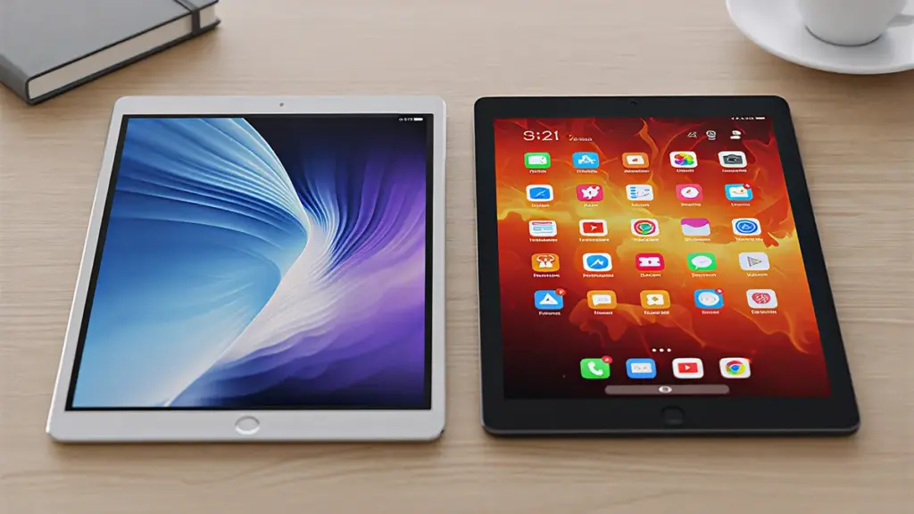 Comparativo entre tablets modernos lado a lado sobre uma mesa de madeira.