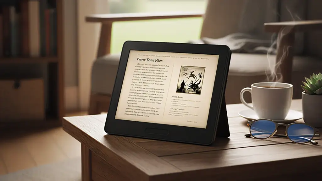 Tablet para leitura apoiado em mesa de madeira em ambiente aconchegante com xícara de café e decoração minimalista.