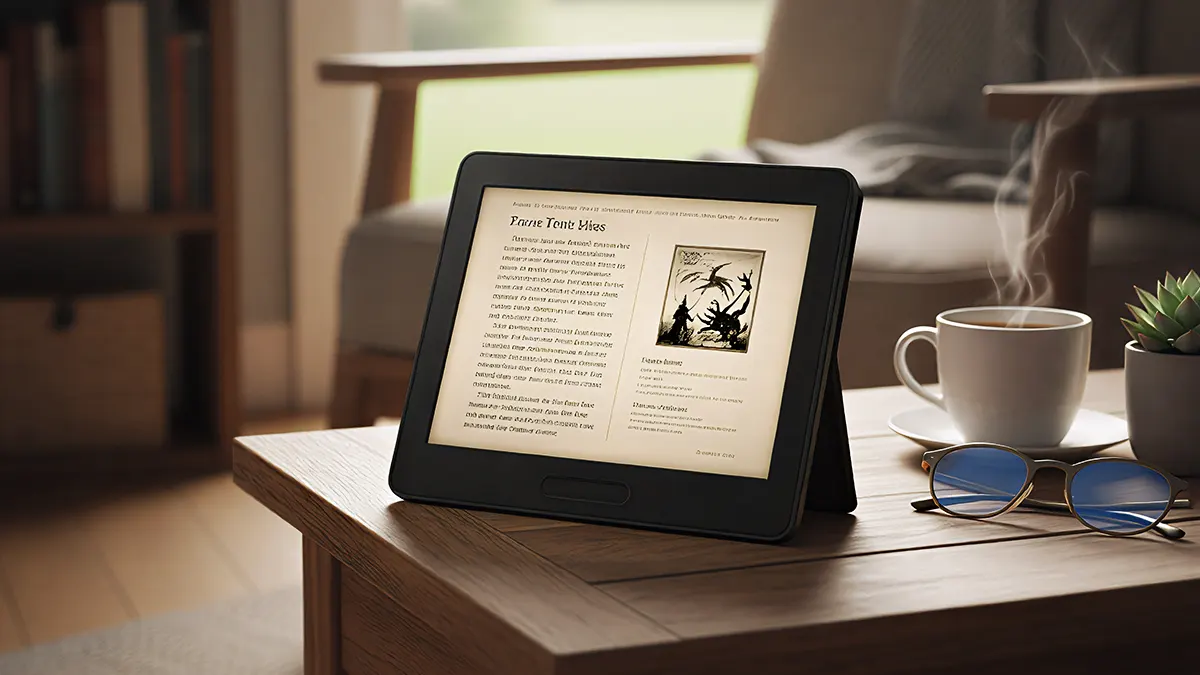 Tablet para leitura apoiado em mesa de madeira em ambiente aconchegante com xícara de café e decoração minimalista.