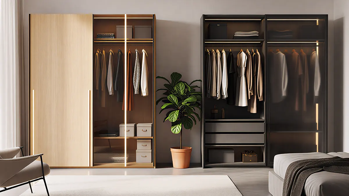 Dois guarda-roupas modernos, um em madeira clara e outro em tom escuro, lado a lado em um quarto minimalista com planta decorativa ao centro.