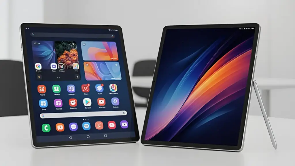 Dois tablets Samsung modernos lado a lado com caneta stylus sobre mesa.