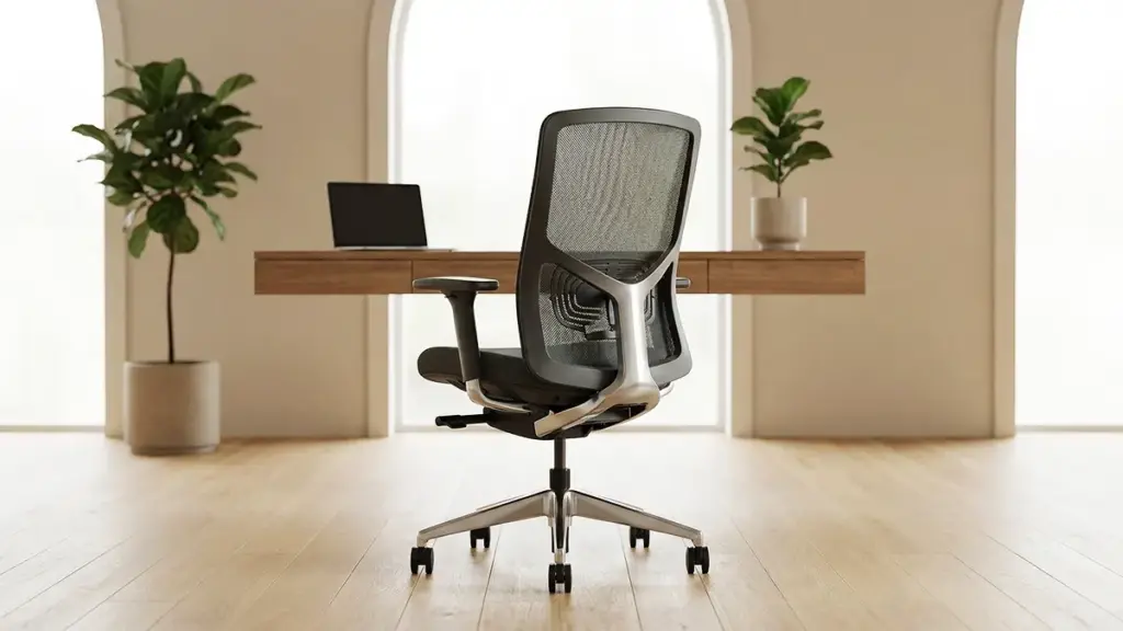 Cadeira ergonômica de escritório com encosto em mesh e apoio lombar em ambiente moderno.