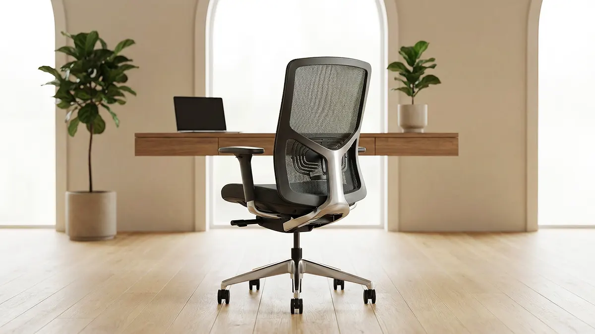 Cadeira ergonômica de escritório com encosto em mesh e apoio lombar em ambiente moderno.