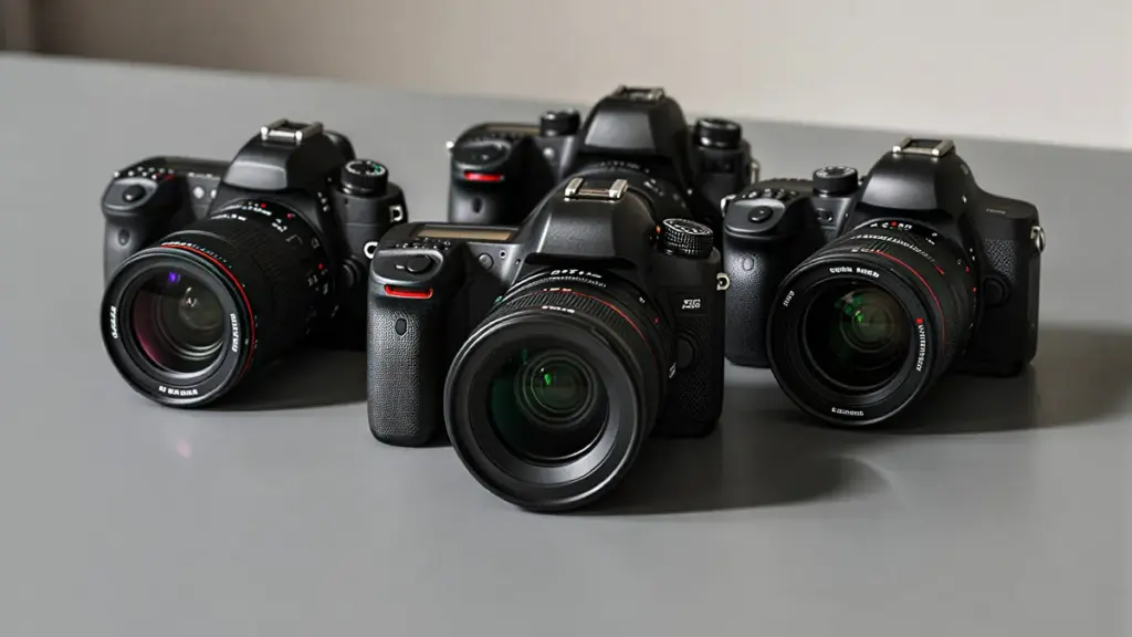 Câmeras fotográficas profissionais DSLR e mirrorless com lentes intercambiáveis sobre mesa.