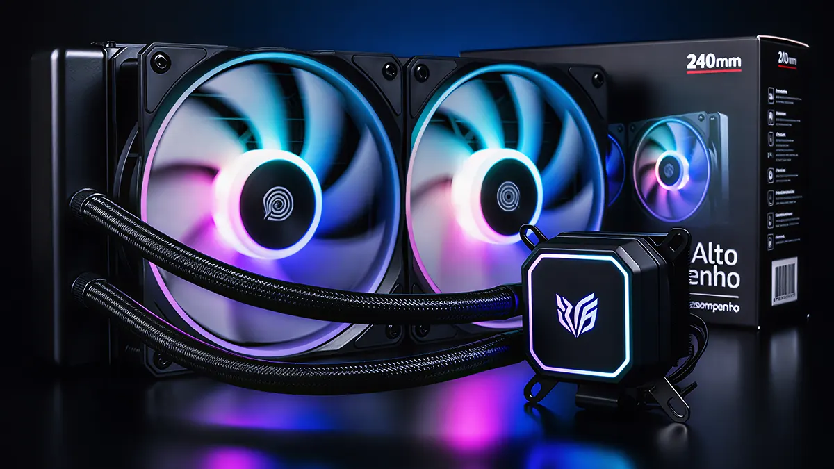Water cooler 240mm com duas ventoinhas RGB para refrigeração eficiente de PC gamer.