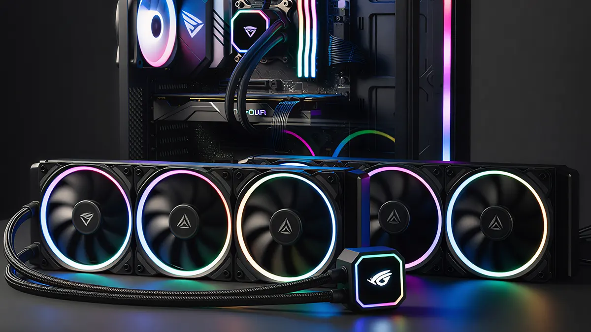 Water cooler 360mm com iluminação RGB instalado em PC gamer de alto desempenho.