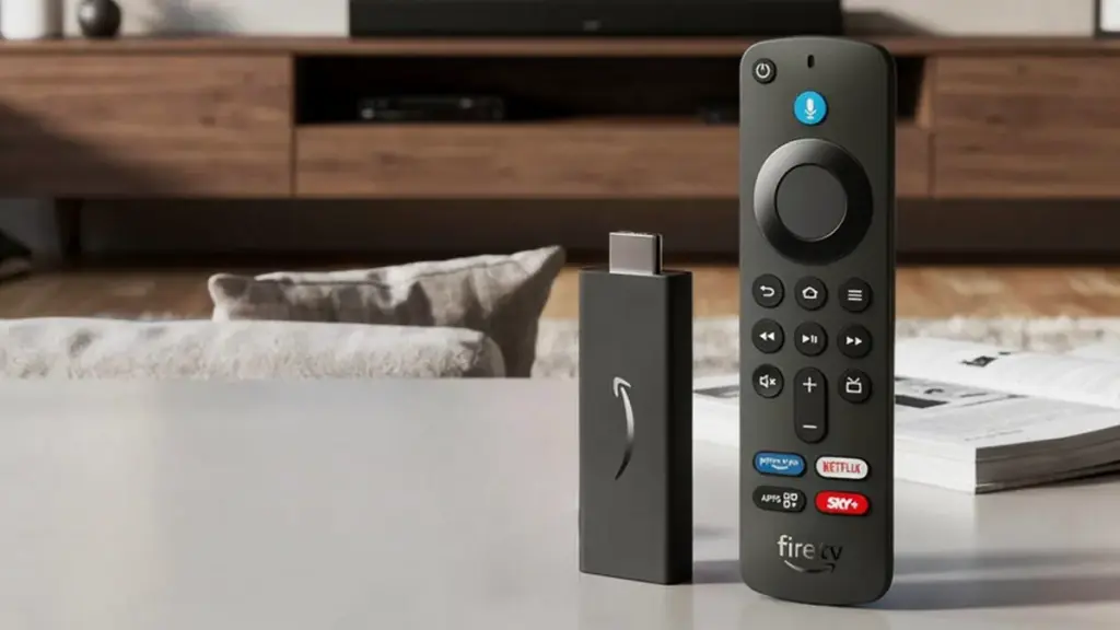 Amazon Fire TV Stick com controle remoto por voz Alexa sobre mesa em sala de estar.