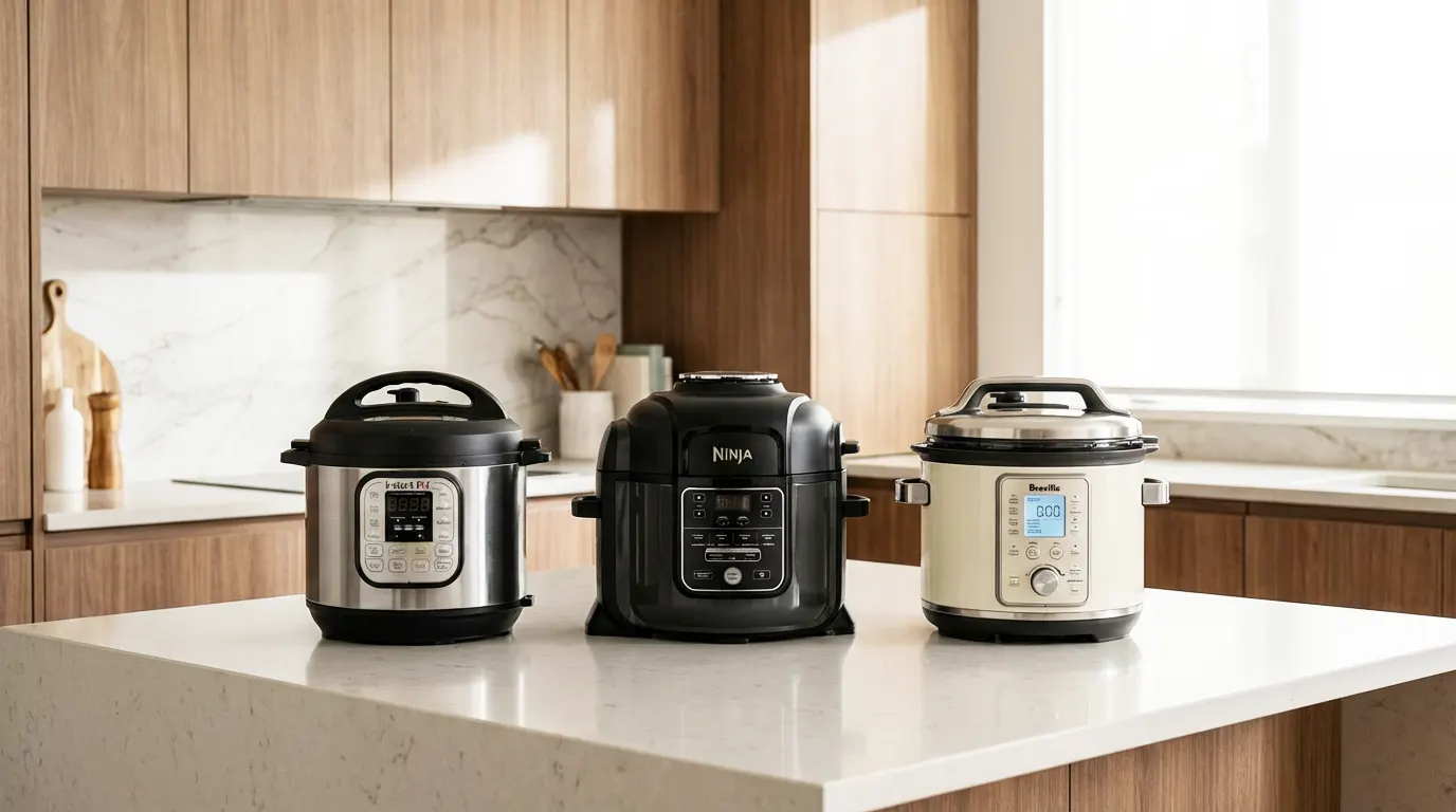 Três panelas de pressão elétricas modernas de marcas diferentes sobre bancada de cozinha planejada.