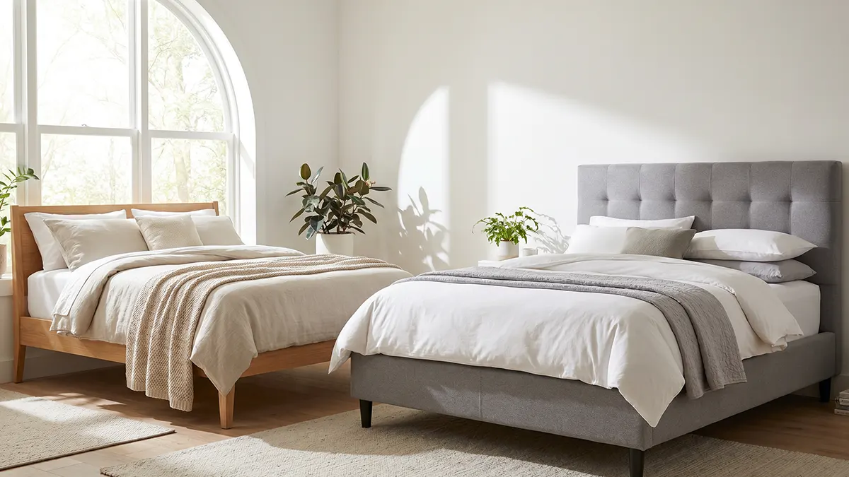 Comparação entre camas box de casal modernas em quarto iluminado e elegante.