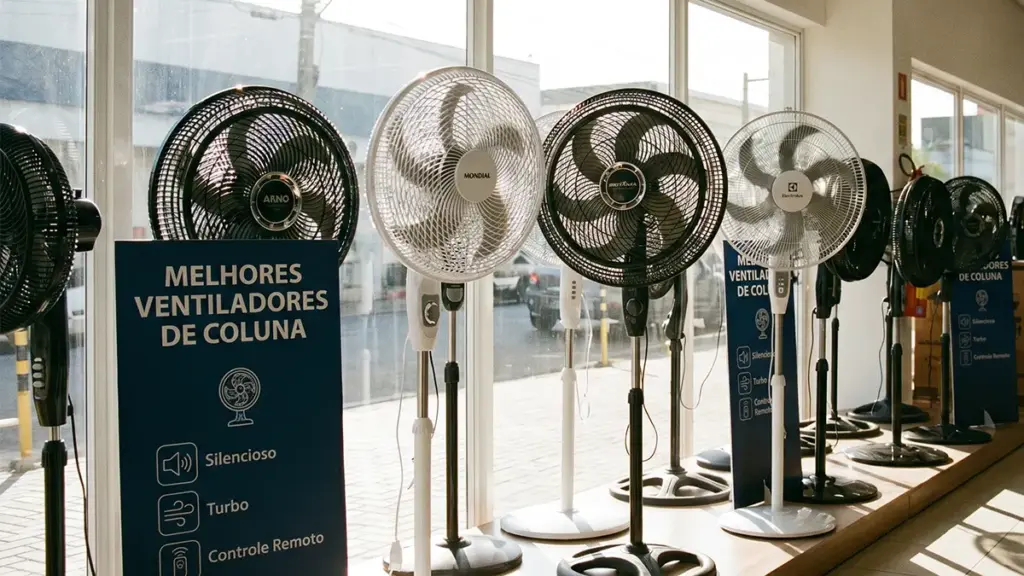 Exposição de ventiladores de coluna em loja com diferentes modelos para comparação.