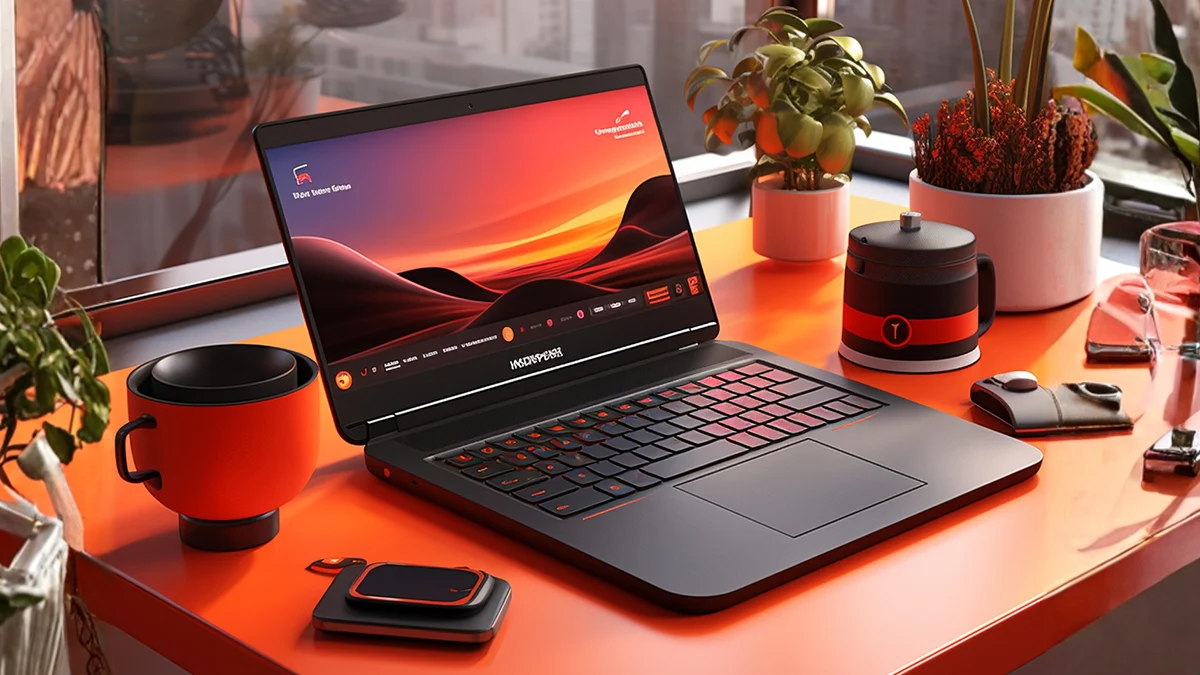Notebook moderno sobre mesa com setup elegante e iluminação quente em ambiente de trabalho.