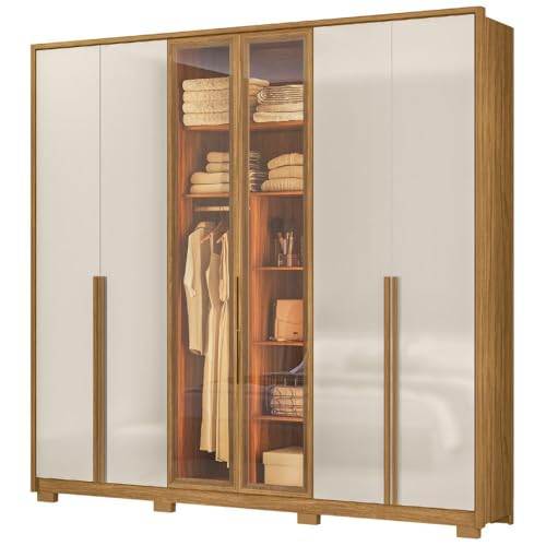 Guarda Roupa Casal 6 Portas Vidro Reflecta Com Led 240 cm Atacama Freijo Off White - Moval