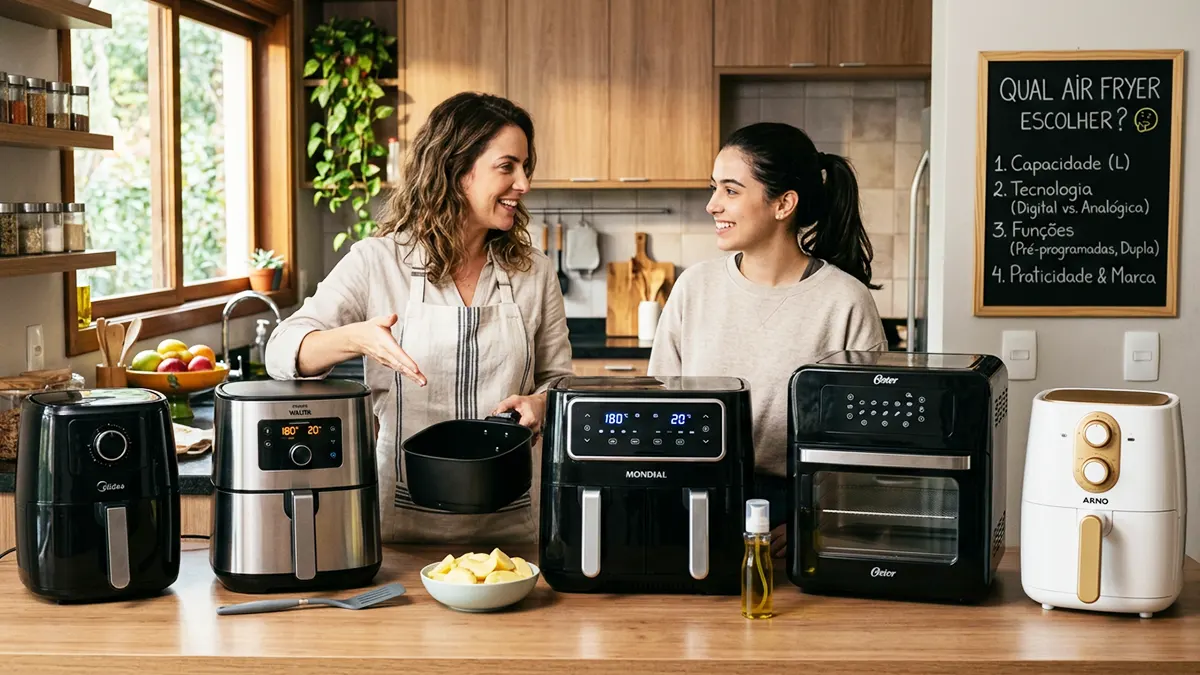 Comparativo entre diferentes modelos de air fryer em cozinha moderna com especialistas analisando opções.